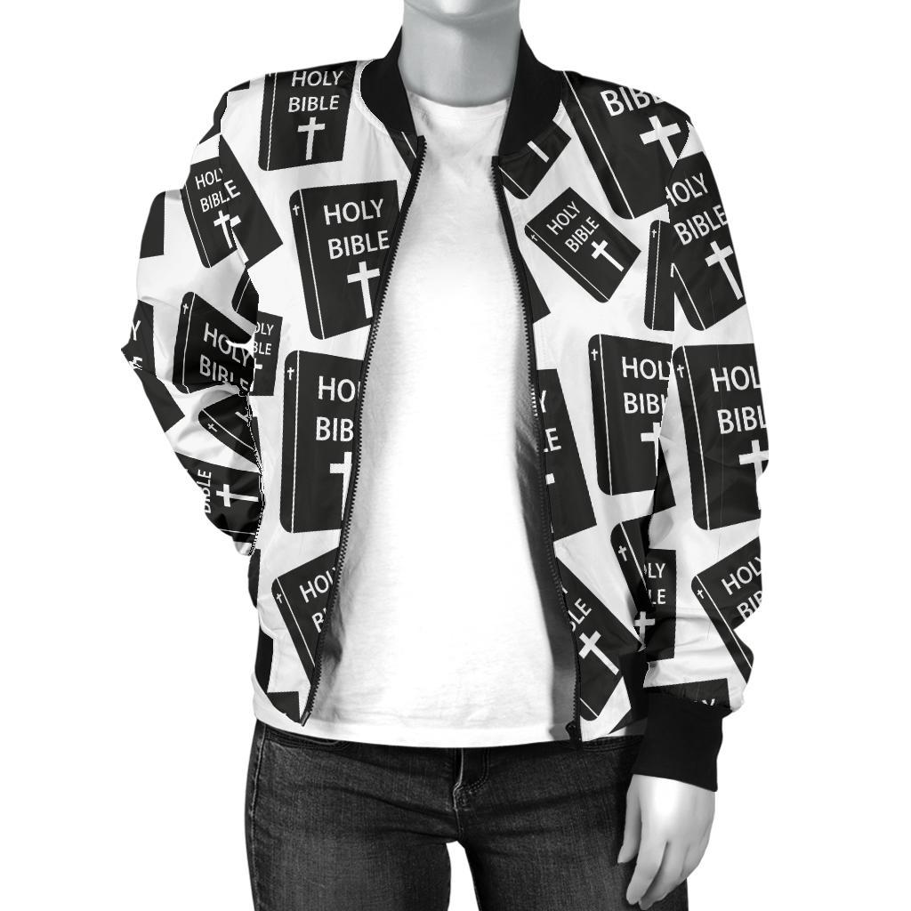 Christian Holy Bible Book Pattern Women Casual Bomber Jacket