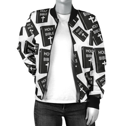 Christian Holy Bible Book Pattern Women Casual Bomber Jacket