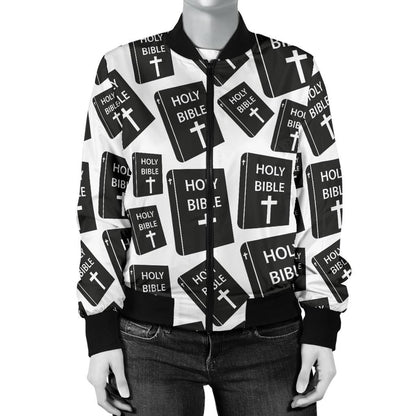 Christian Holy Bible Book Pattern Women Casual Bomber Jacket