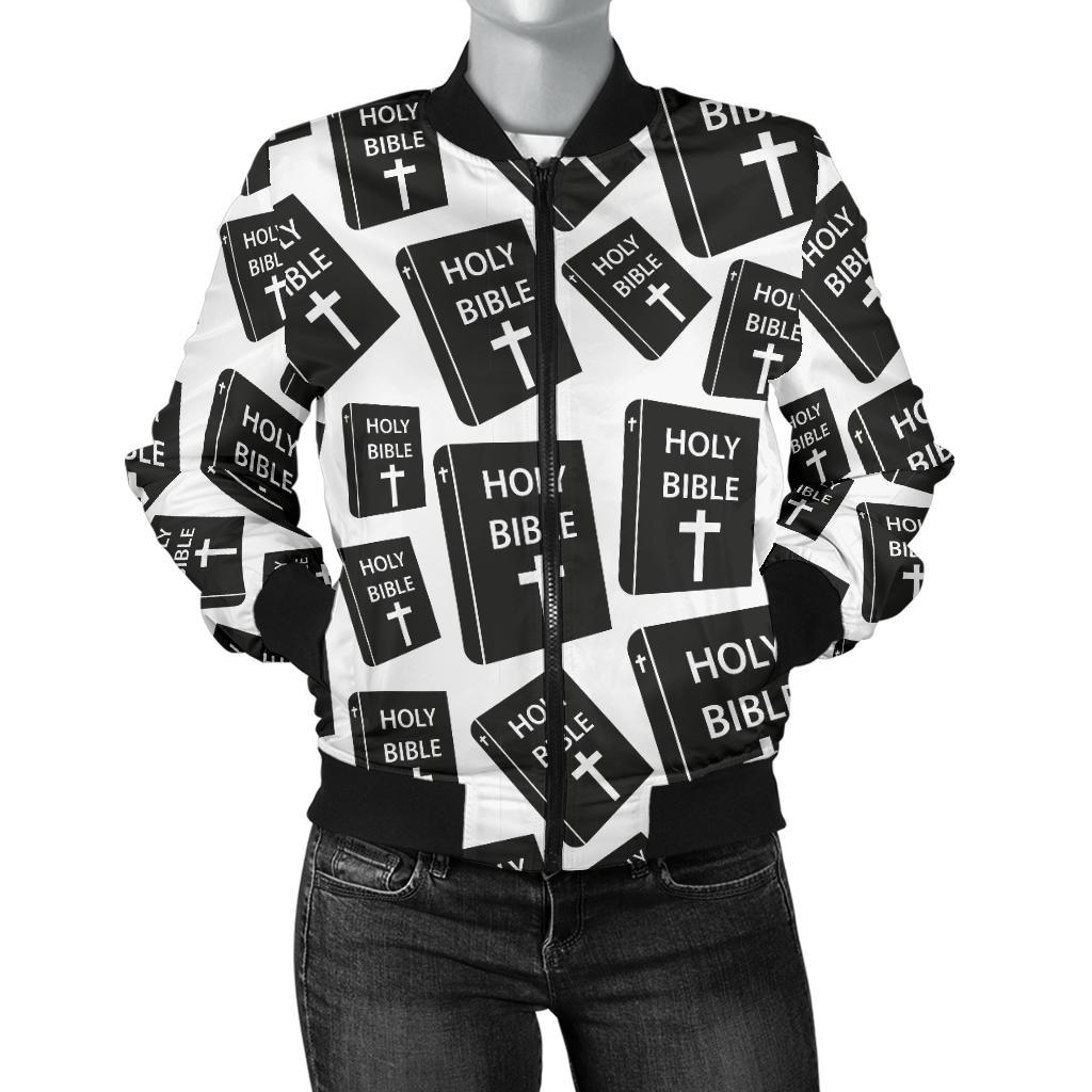 Christian Holy Bible Book Pattern Women Casual Bomber Jacket