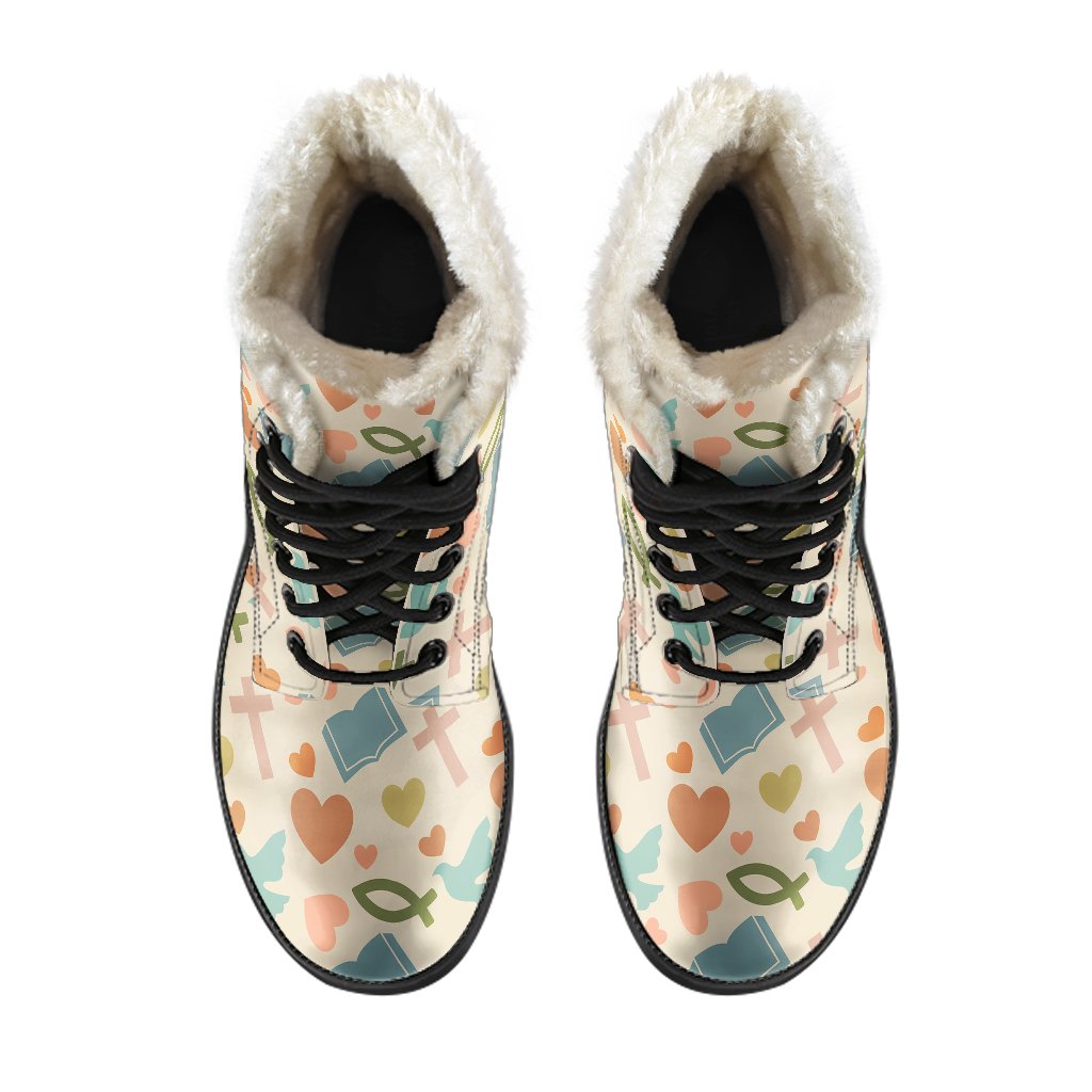 Christian Symbol Pattern Faux Fur Leather Boots-JTAMIGO.COM