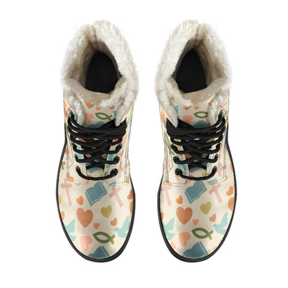 Christian Symbol Pattern Faux Fur Leather Boots-JTAMIGO.COM