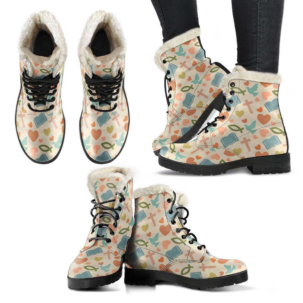 Christian Symbol Pattern Faux Fur Leather Boots-JTAMIGO.COM