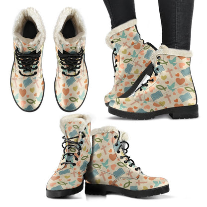 Christian Symbol Pattern Faux Fur Leather Boots-JTAMIGO.COM