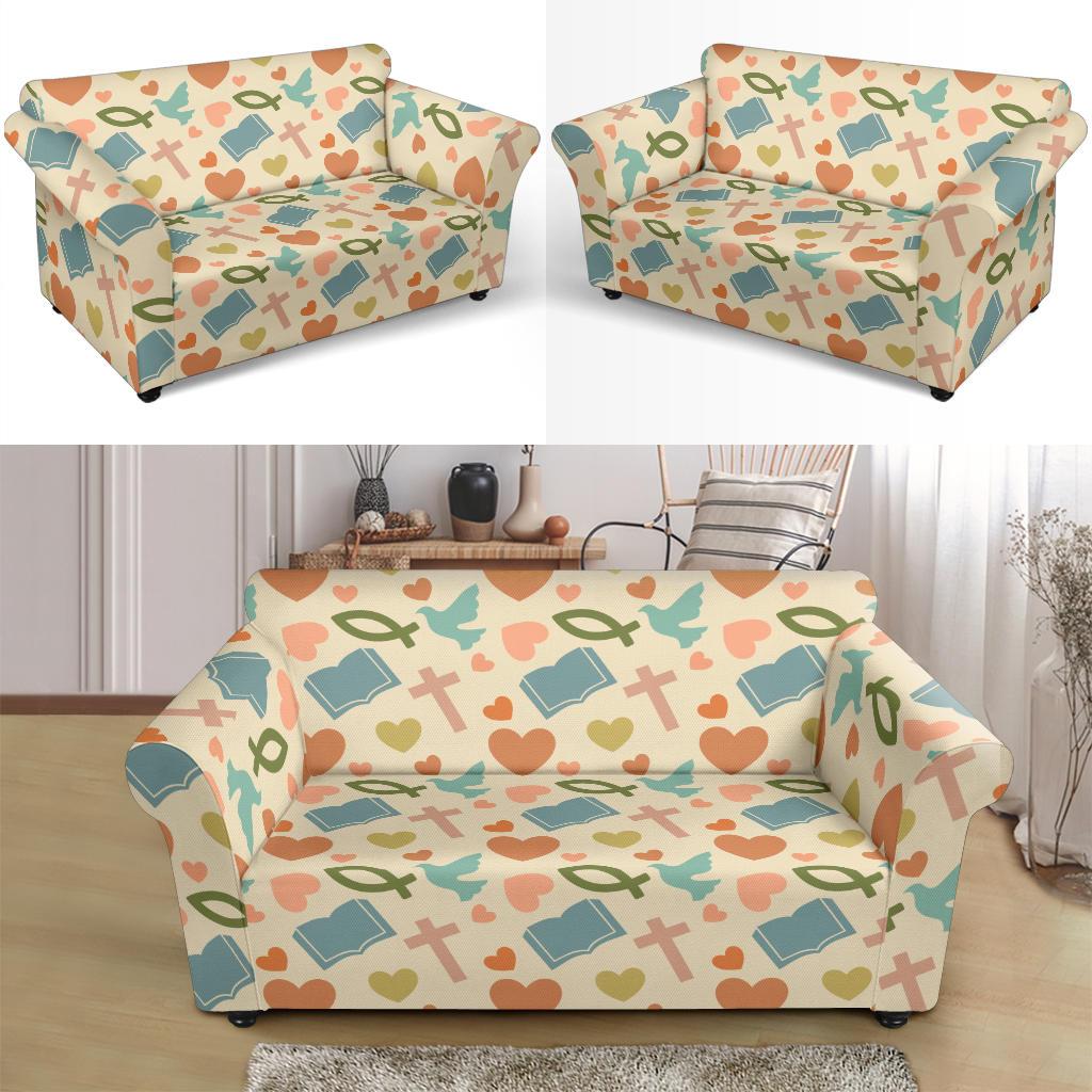 Christian Symbol Pattern Loveseat Slipcover-JTAMIGO.COM