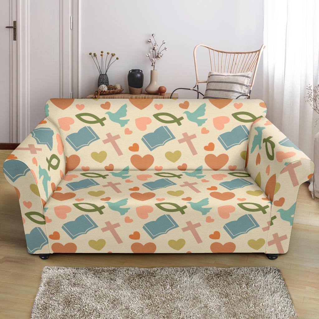 Christian Symbol Pattern Loveseat Slipcover-JTAMIGO.COM