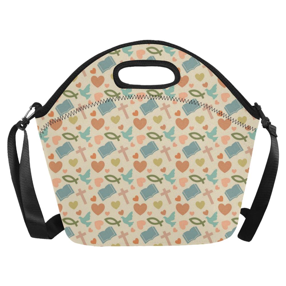 Christian Symbol Pattern Neoprene Lunch Bag (Model 1669)(Large)-JTAMIGO.COM