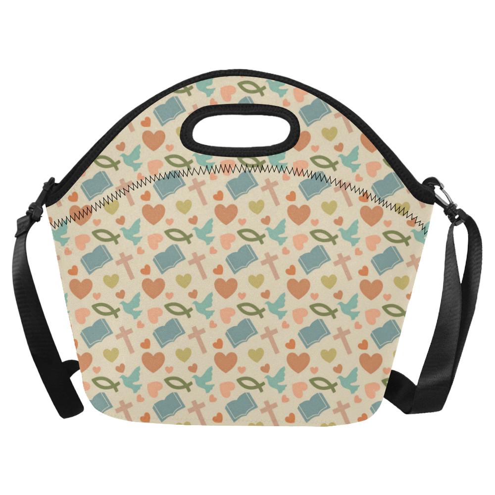 Christian Symbol Pattern Neoprene Lunch Bag (Model 1669)(Large)-JTAMIGO.COM