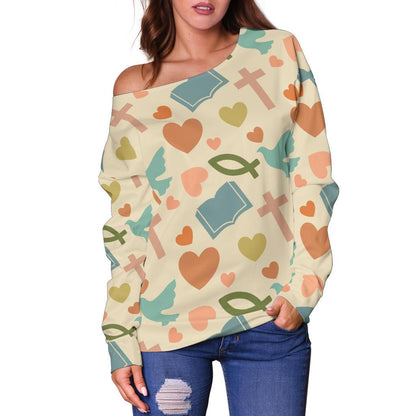 Christian Symbol Pattern Off Shoulder Sweatshirt