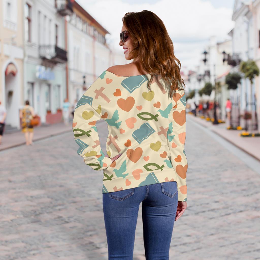 Christian Symbol Pattern Off Shoulder Sweatshirt