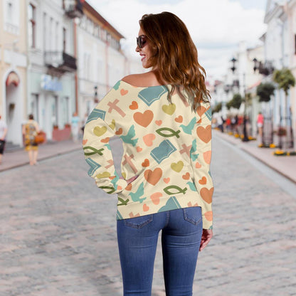 Christian Symbol Pattern Off Shoulder Sweatshirt