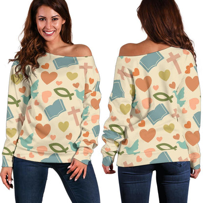 Christian Symbol Pattern Off Shoulder Sweatshirt