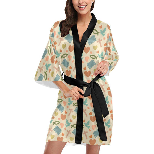 Christian Symbol Pattern Women Short Kimono Robe
