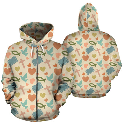 Christian Symbol Pattern Zip Up Hoodie