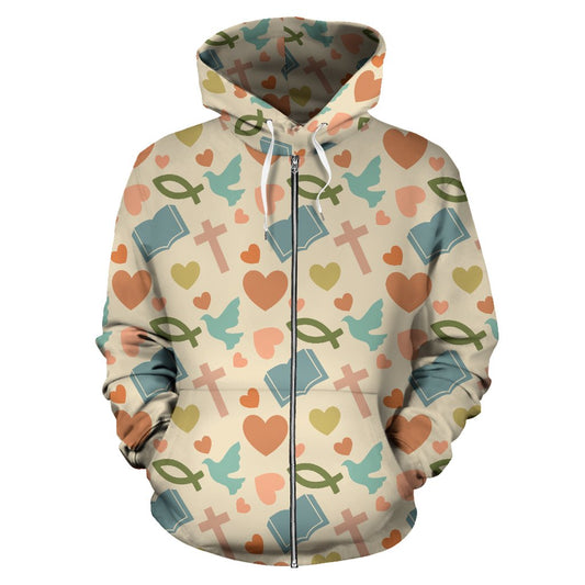Christian Symbol Pattern Zip Up Hoodie