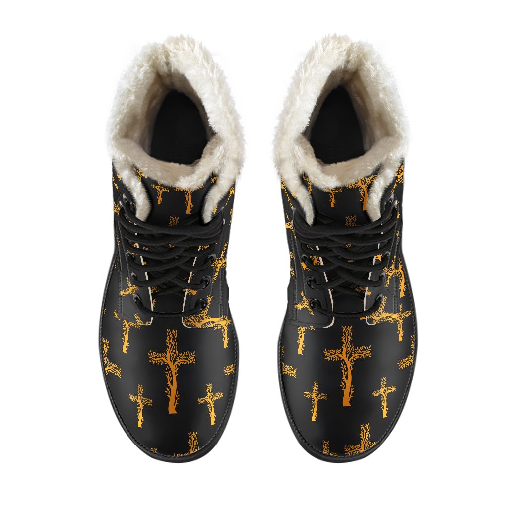 Christian Tree of Life Cross Design Faux Fur Leather Boots-JTAMIGO.COM