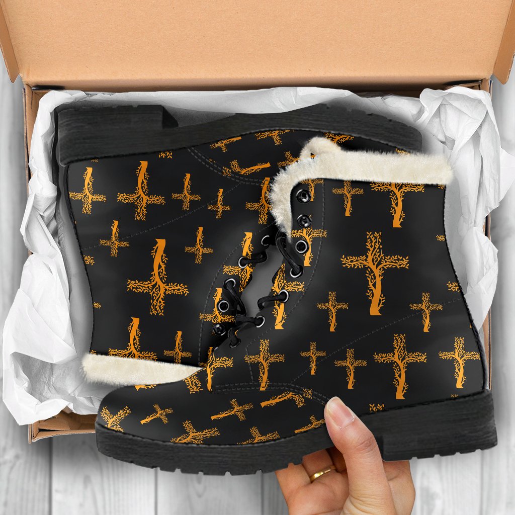 Christian Tree of Life Cross Design Faux Fur Leather Boots-JTAMIGO.COM