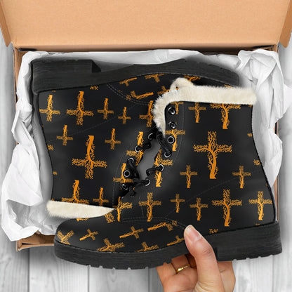 Christian Tree of Life Cross Design Faux Fur Leather Boots-JTAMIGO.COM
