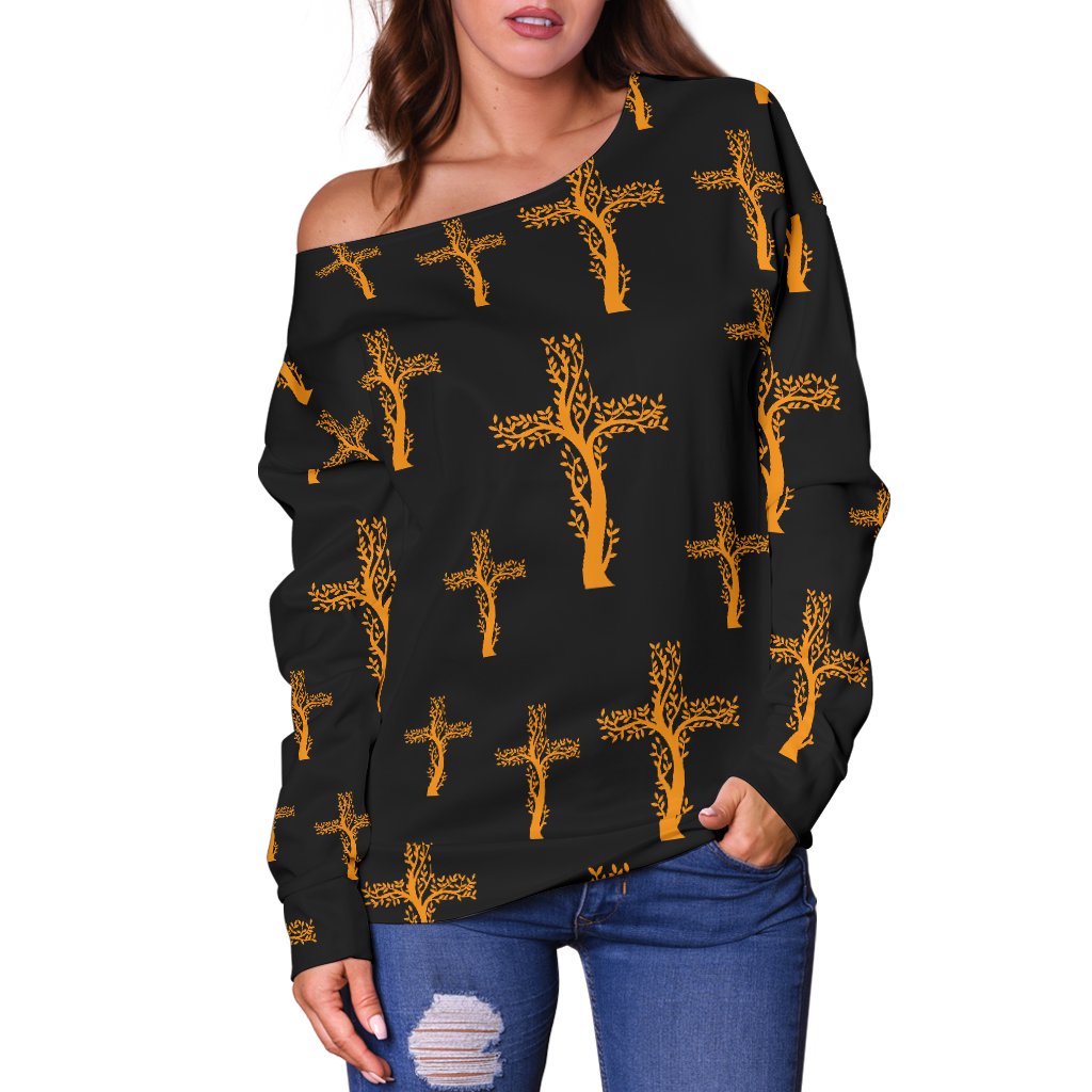 Christian Tree of Life Cross Design Off Shoulder Sweatshirt