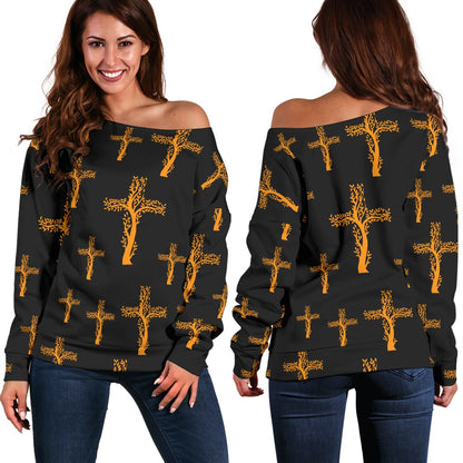 Christian Tree of Life Cross Design Off Shoulder Sweatshirt