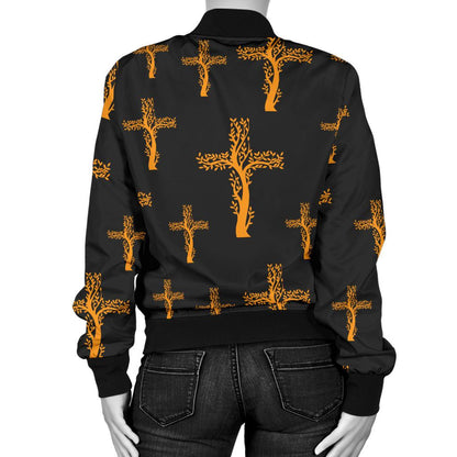 Christian Tree of Life Cross Design Women Casual Bomber Jacket