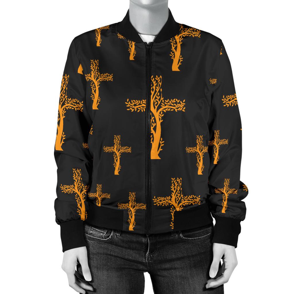 Christian Tree of Life Cross Design Women Casual Bomber Jacket