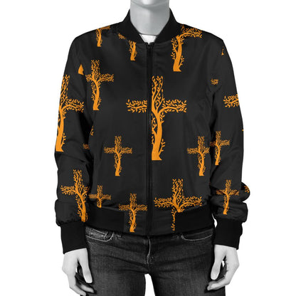 Christian Tree of Life Cross Design Women Casual Bomber Jacket