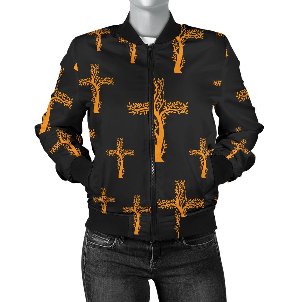 Christian Tree of Life Cross Design Women Casual Bomber Jacket