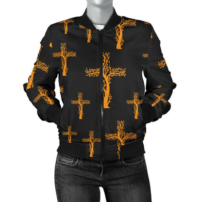 Christian Tree of Life Cross Design Women Casual Bomber Jacket