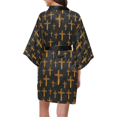 Christian Tree of Life Cross Design Women Short Kimono Robe