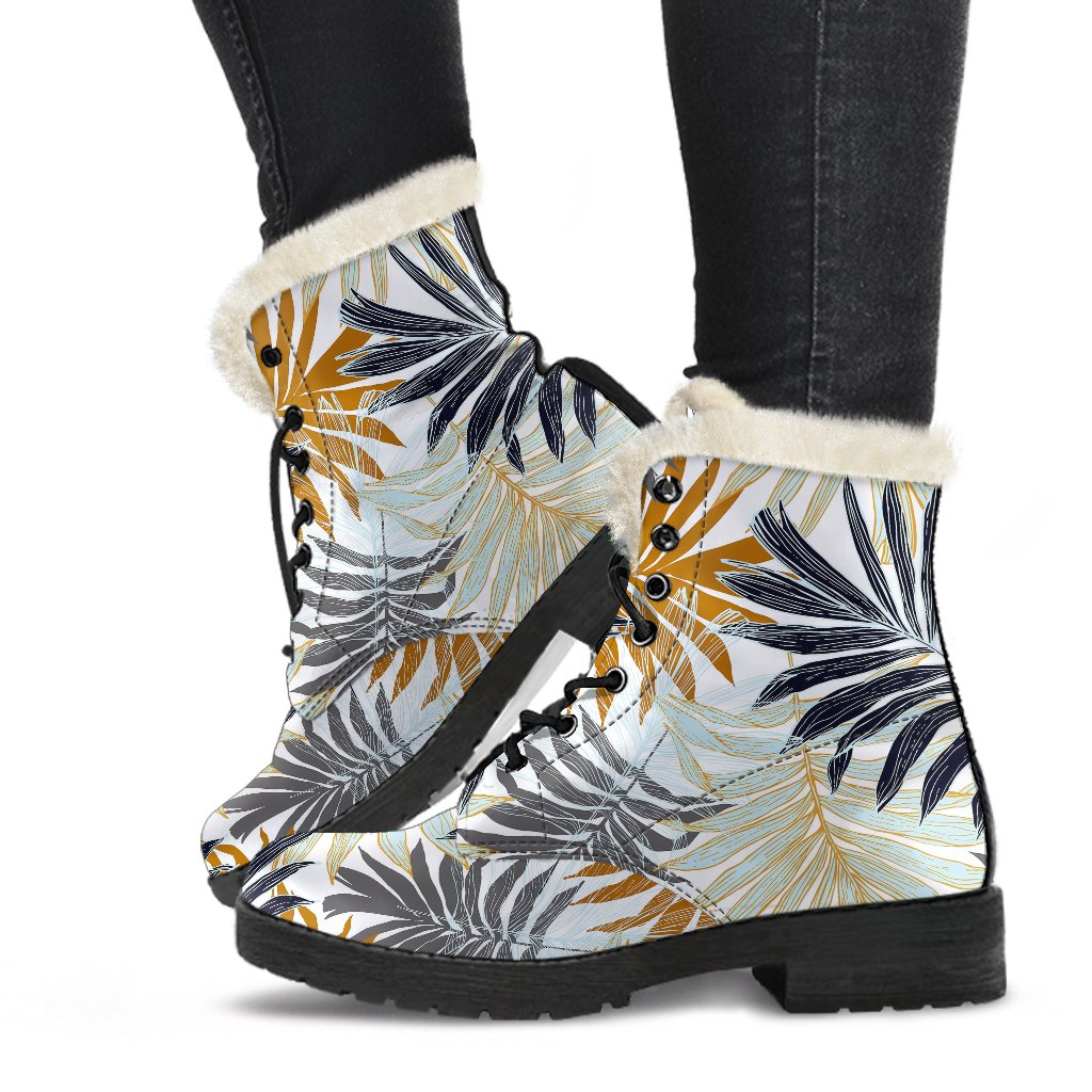 Colorful Tropical Palm Leaves Faux Fur Leather Boots-JTAMIGO.COM