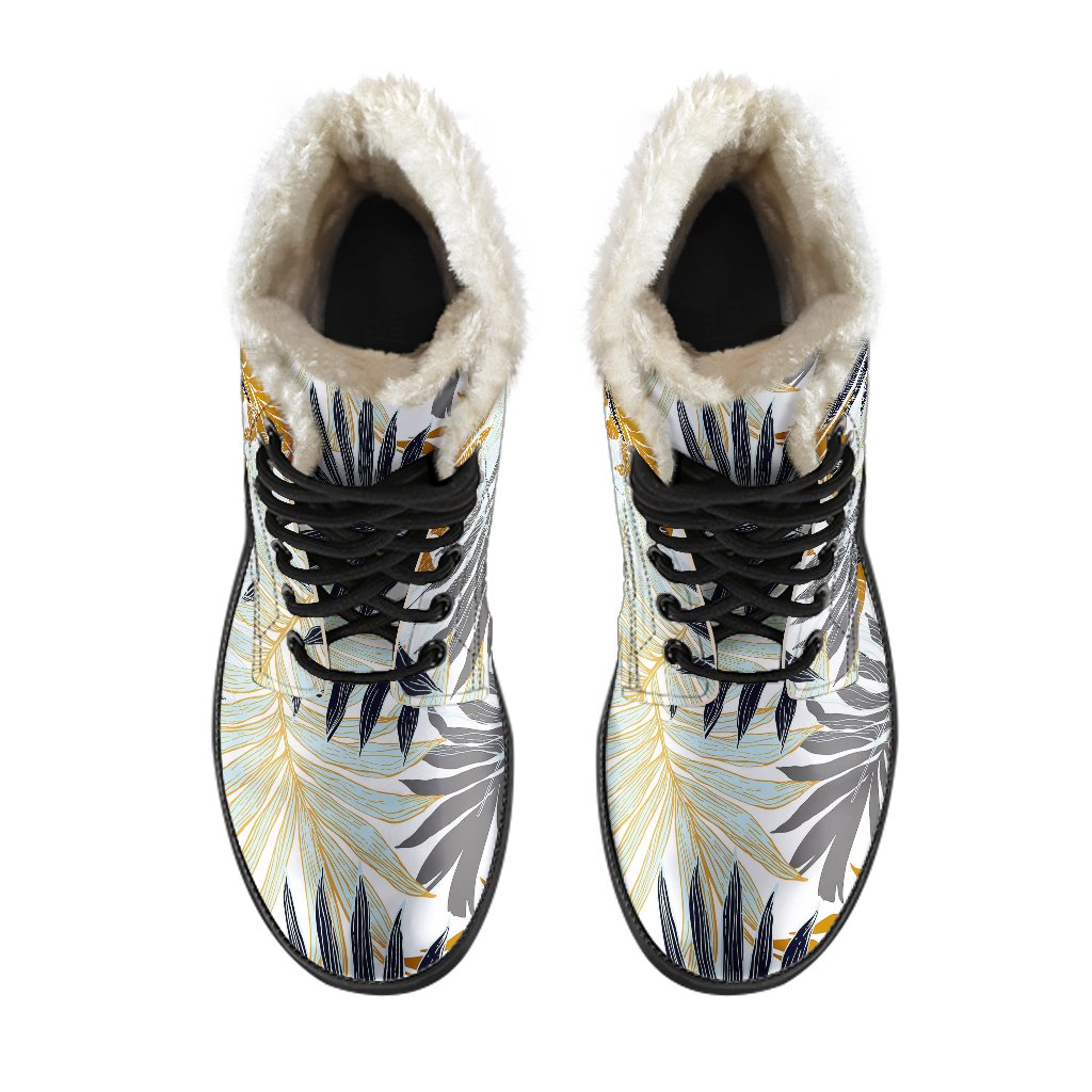 Colorful Tropical Palm Leaves Faux Fur Leather Boots-JTAMIGO.COM