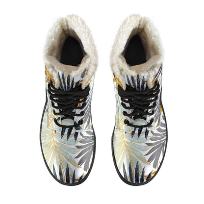 Colorful Tropical Palm Leaves Faux Fur Leather Boots-JTAMIGO.COM