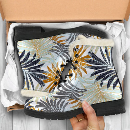 Colorful Tropical Palm Leaves Faux Fur Leather Boots-JTAMIGO.COM
