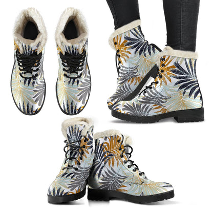 Colorful Tropical Palm Leaves Faux Fur Leather Boots-JTAMIGO.COM