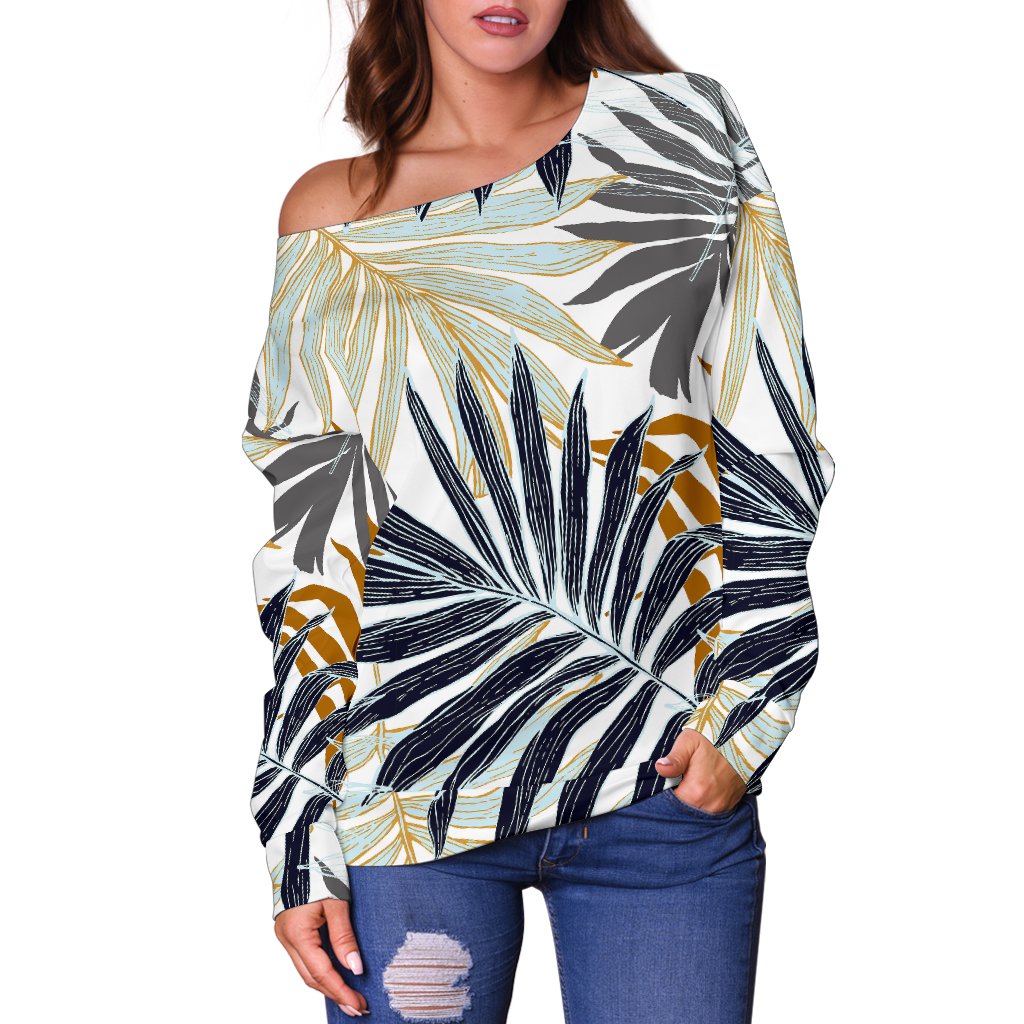 Colorful Tropical Palm Leaves Off Shoulder Sweatshirt