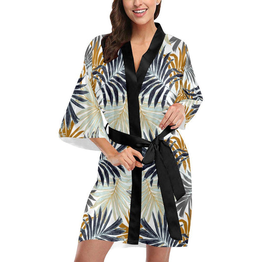 Colorful Tropical Palm Leaves Women Short Kimono Robe