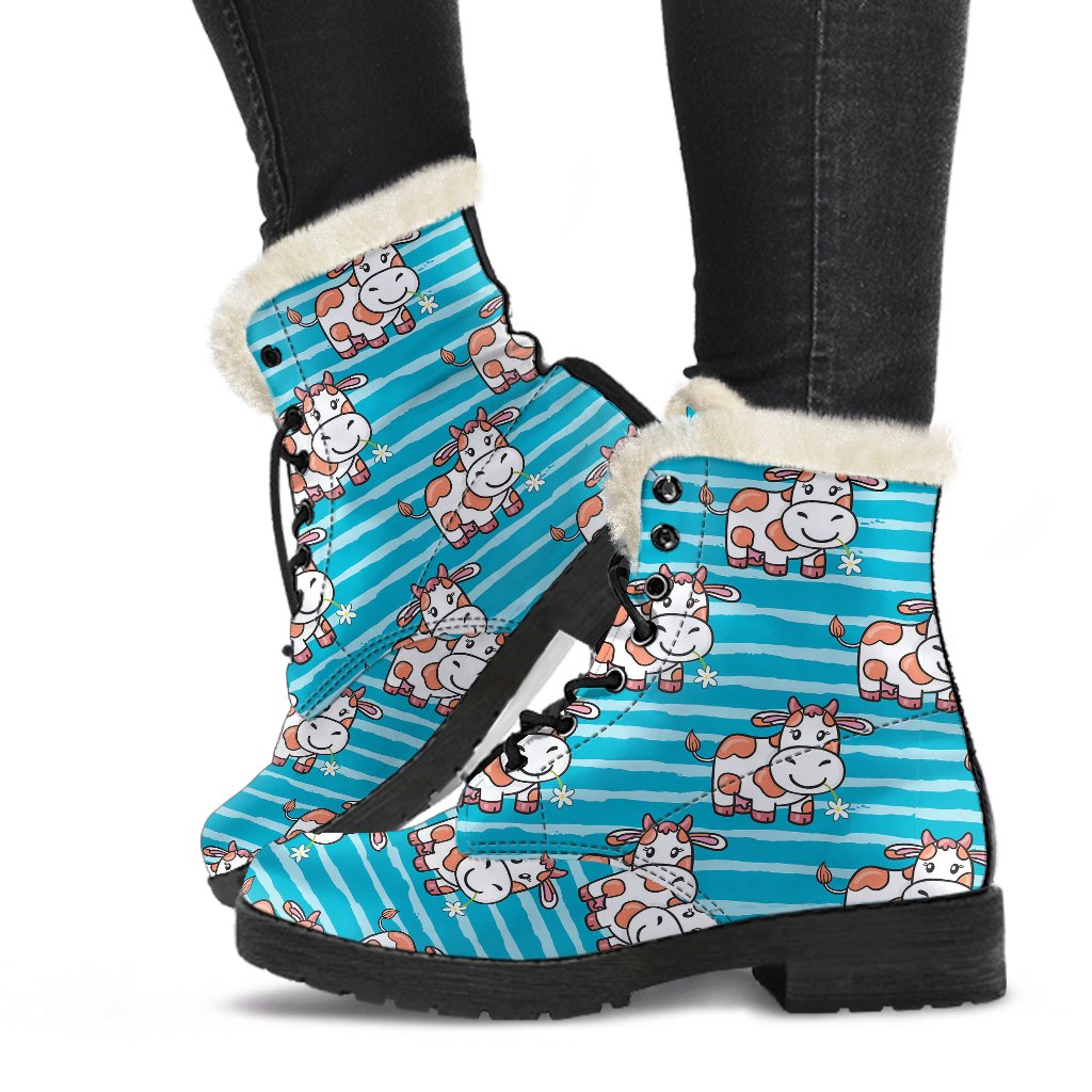 Cow Cute Print Pattern Faux Fur Leather Boots-JTAMIGO.COM