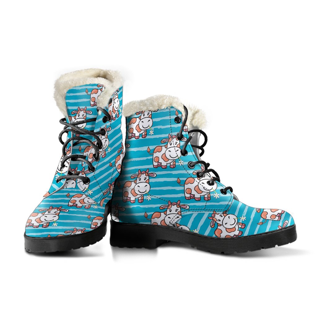 Cow Cute Print Pattern Faux Fur Leather Boots-JTAMIGO.COM