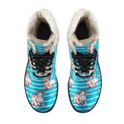Cow Cute Print Pattern Faux Fur Leather Boots-JTAMIGO.COM