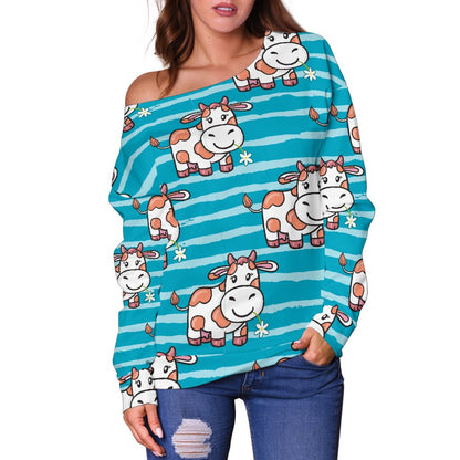Cow Cute Print Pattern Off Shoulder Sweatshirt