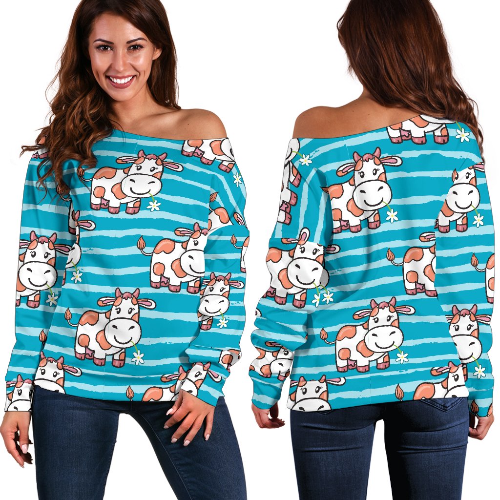 Cow Cute Print Pattern Off Shoulder Sweatshirt