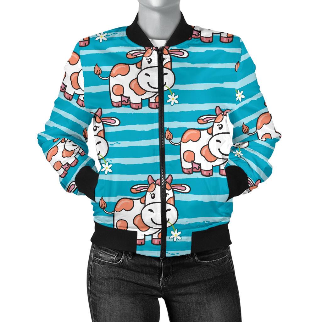 Cow Cute Print Pattern Women Casual Bomber Jacket