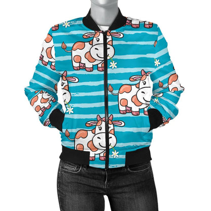 Cow Cute Print Pattern Women Casual Bomber Jacket