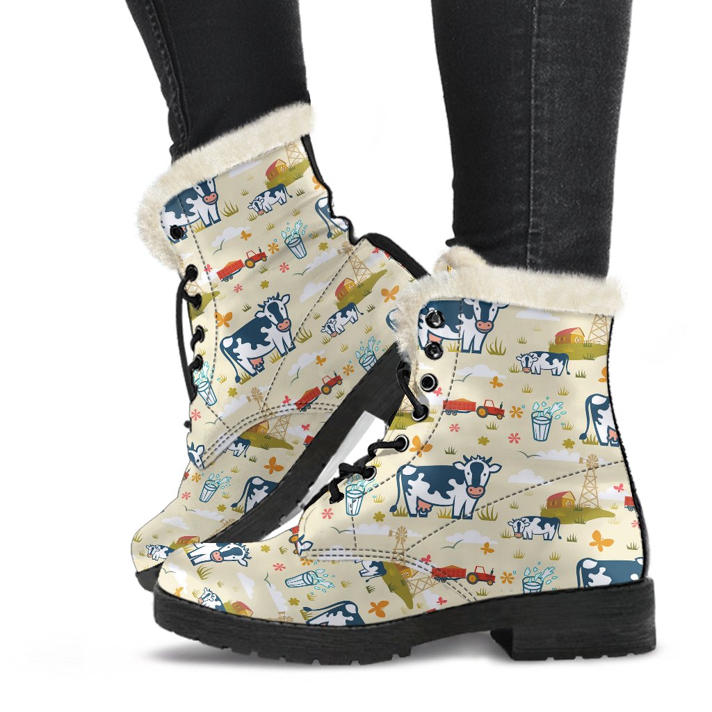 Cow Farm Design Print Faux Fur Leather Boots-JTAMIGO.COM