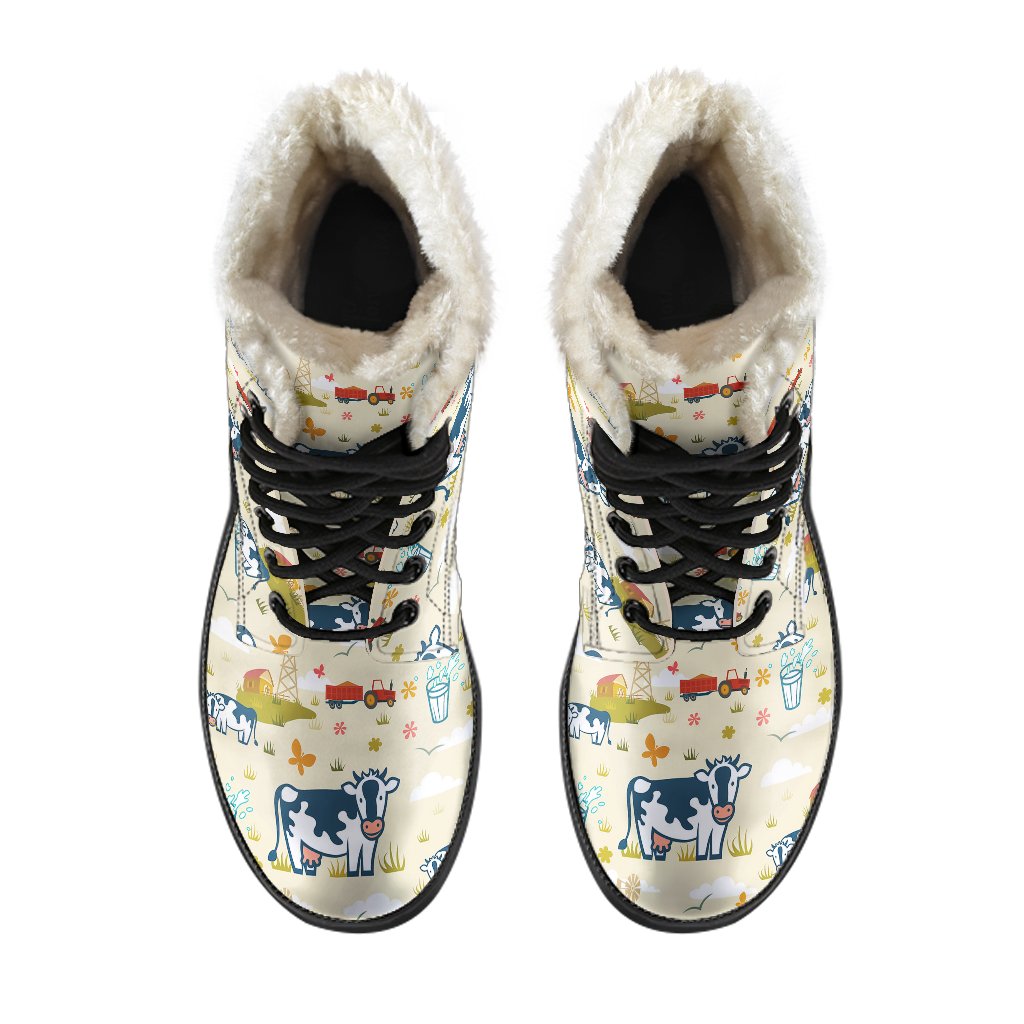 Cow Farm Design Print Faux Fur Leather Boots-JTAMIGO.COM