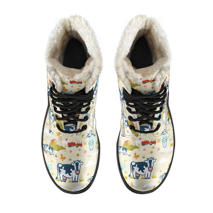 Cow Farm Design Print Faux Fur Leather Boots-JTAMIGO.COM