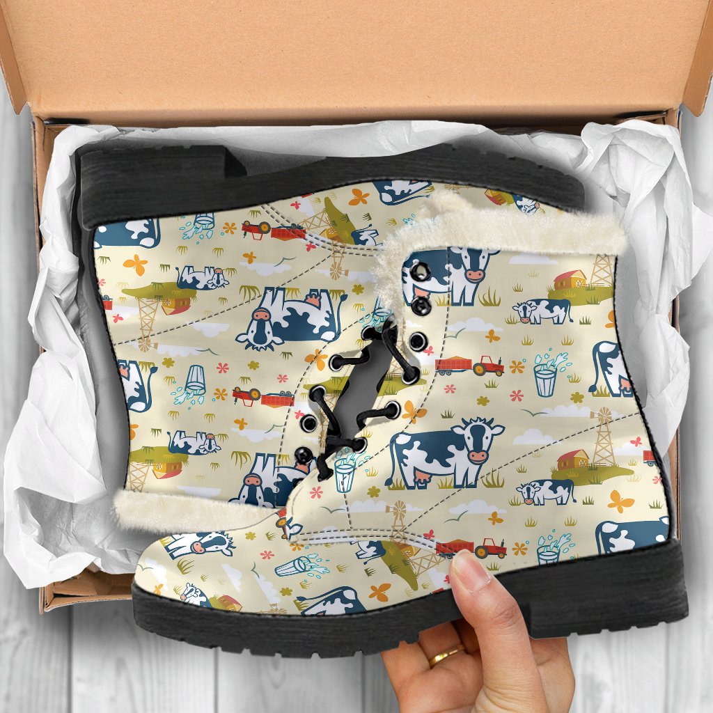 Cow Farm Design Print Faux Fur Leather Boots-JTAMIGO.COM