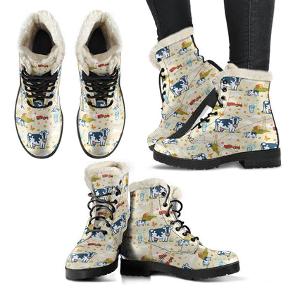 Cow Farm Design Print Faux Fur Leather Boots-JTAMIGO.COM