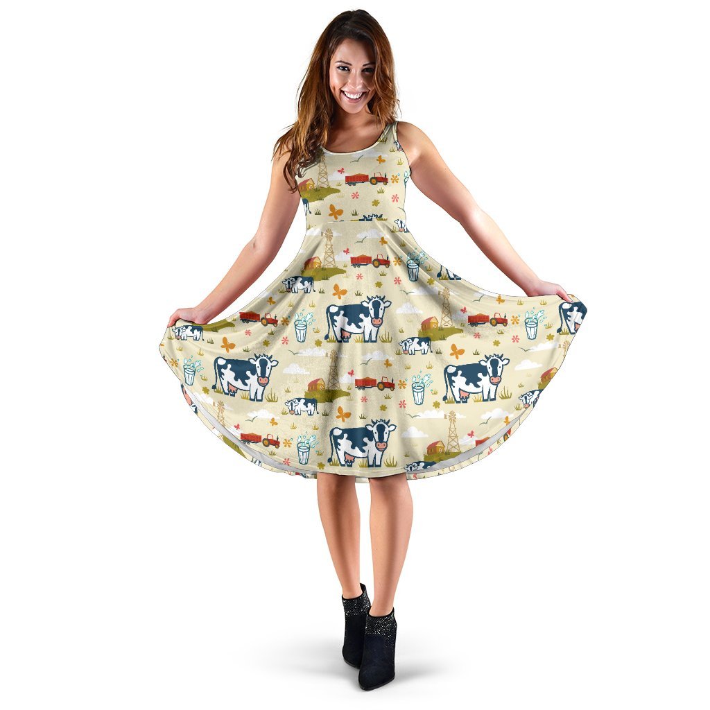 Cow Farm Design Print Sleeveless Dress